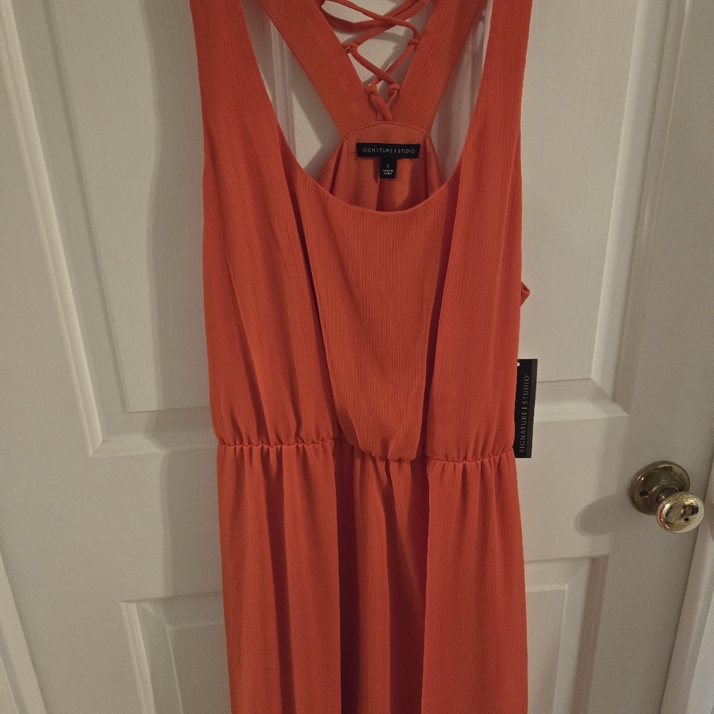 Coral dress, pretty detail at neck on the back of dress,